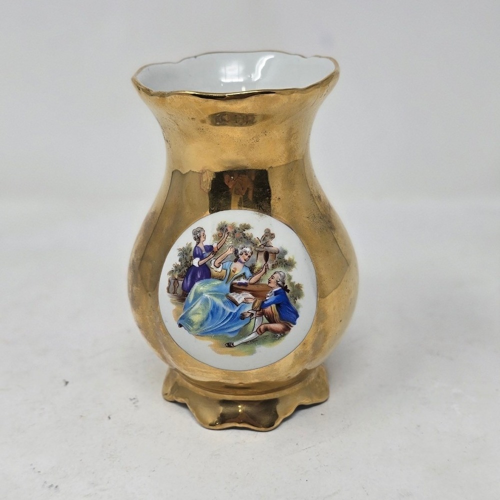 vtg Josef Kuba Bavaria West Germany 24kt gold gilding courting couple bud vase